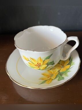 Vintage Crown Yellow Floral Teacup and Saucer Set with Gold Trim